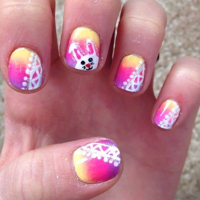 triple color nail designs with a bunny 