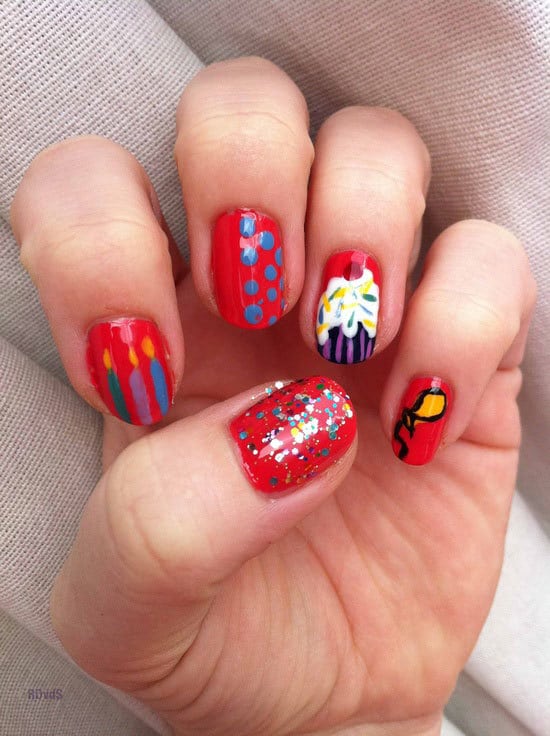 Red And Glitter Birthday Nail art for women 