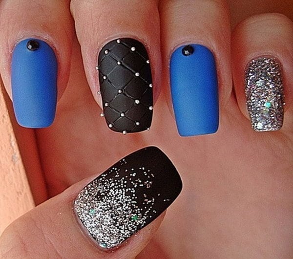 black, blue and silver nails