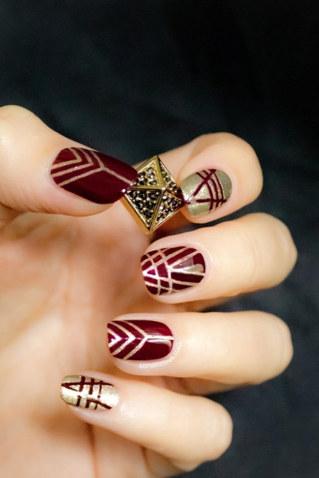 burgundy chevrons nail 