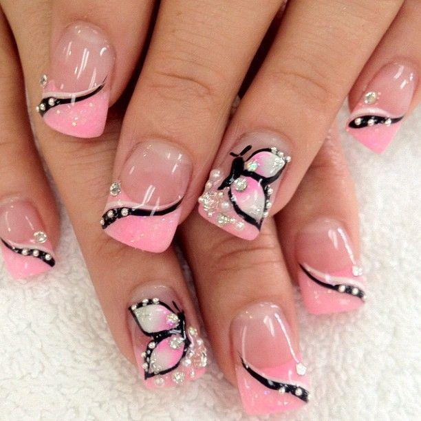 beautiful Butterfly hot pink nail design for girl