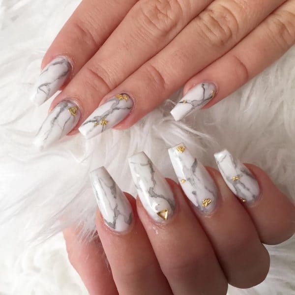 White Marble long nail designs for women 