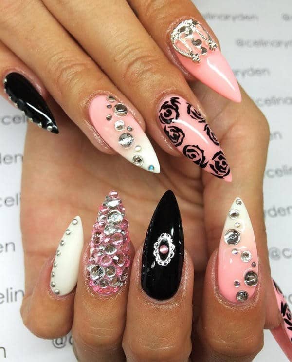Black And Blush Pink nail designs with diamonds