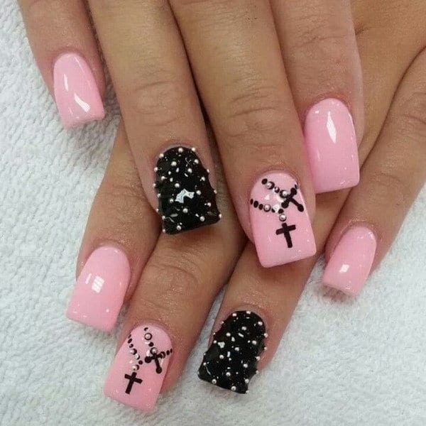 Double Crossed pink black nail design for girl