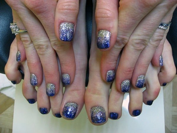 Silver & Blue Gradient shellac nail art