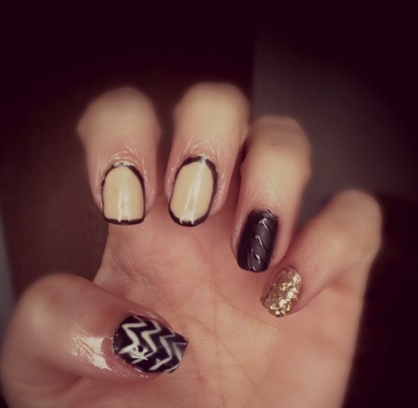 Black & Beige Combo shellac nail design