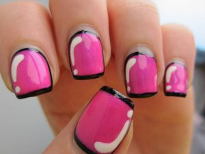 Pink, black and white, glossy finish, square shape, with simple tip design.