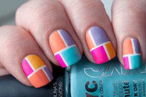 Square, short, glossy finish, pastel and bright hues, color-blocked design, modern style.