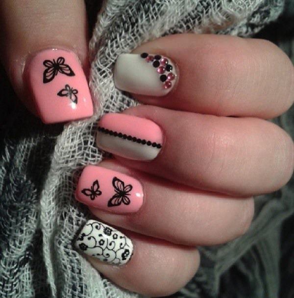 pink and white butterfly nail art