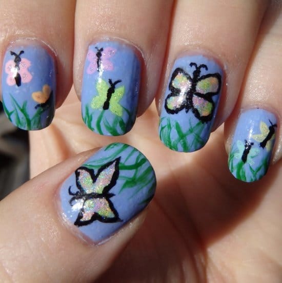 sky color butterfly nail art