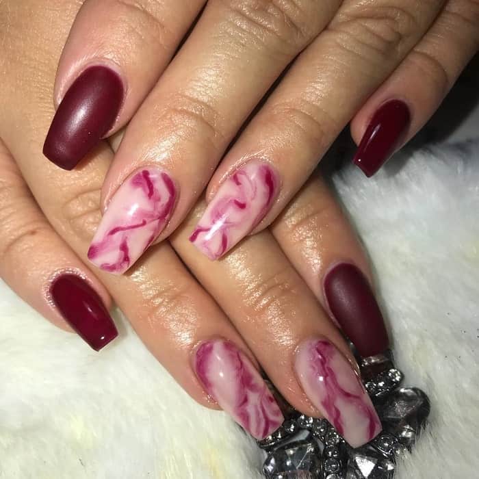 Marble Stiletto Nails In Burgundy