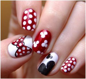 Polka dot pattern, red and white color palette, glossy finish, cartoon mouse and bow art elements.