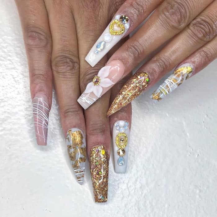 Trendy Long White And Gold Nails