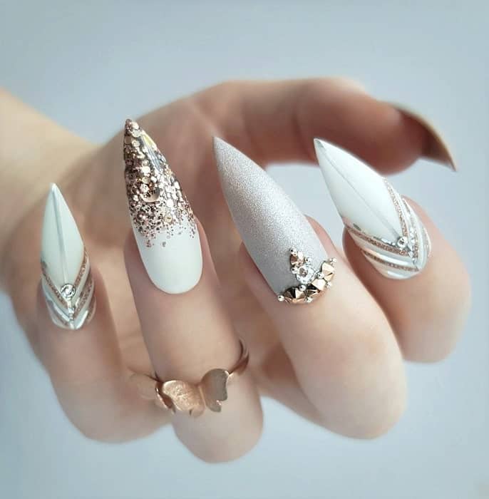 Gold And White Pointy Nails