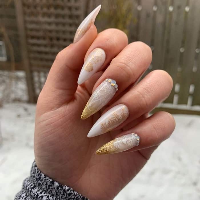 White And Gold Stiletto Nails 