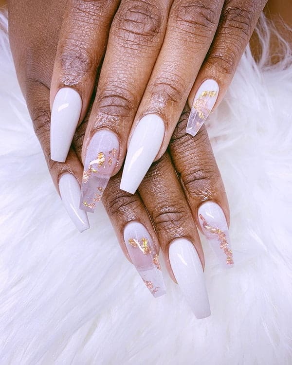 Tanya Inspires on X: White nails with gold flakes   #nailart #naildesign #nailflakes #nails #whitenails #manicure   / X