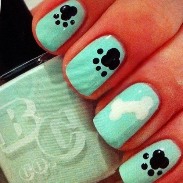 Mint and black Dog nail design