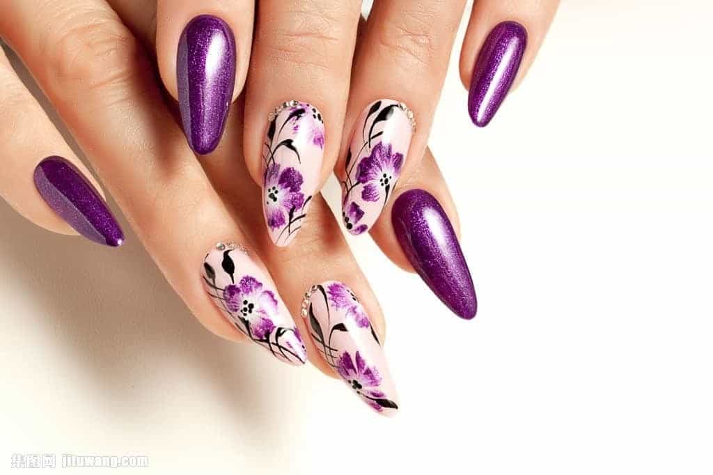  Purple with flower nail art for women 