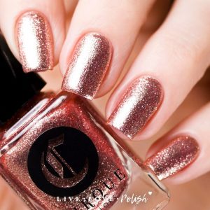 Square, medium length, rose gold, metallic finish, glitter accents, elegant style.