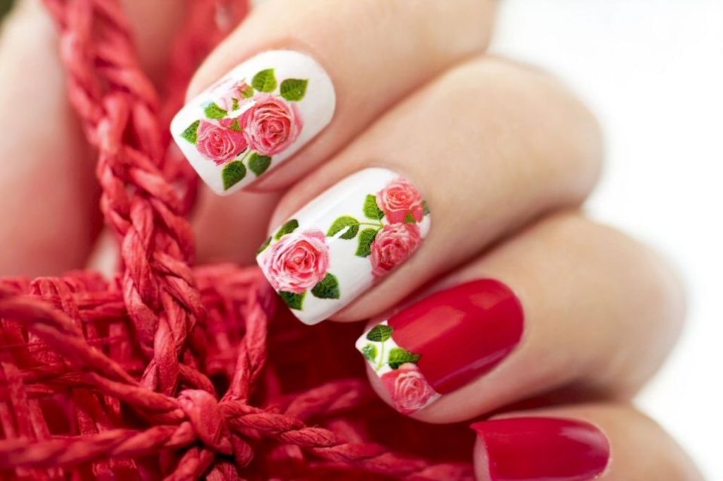 Floral Printed Red Acrylics