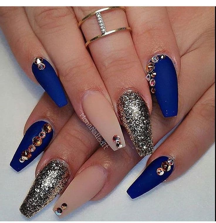 Royal Blue With Gold Nail design for women
