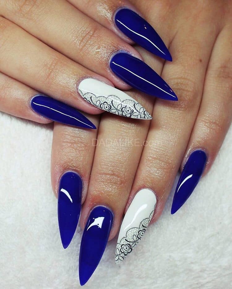 White with Royal Blue Nail design