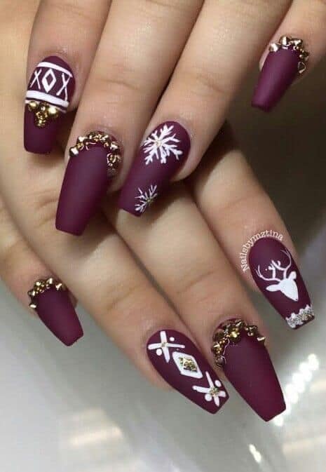 Matte Maroon Nails with White