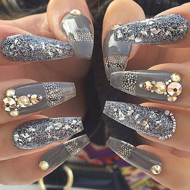 Grey glittery nails