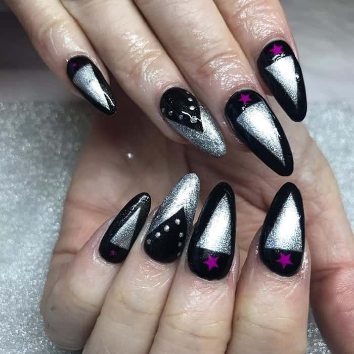 black and silver acrylic nails