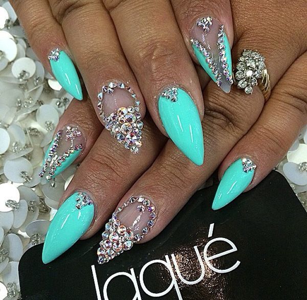 Minty blue bling nail arts