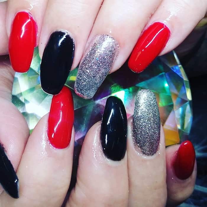 red, black and silver nails