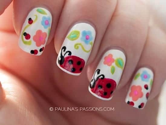 Flower Ladybug Nail Art