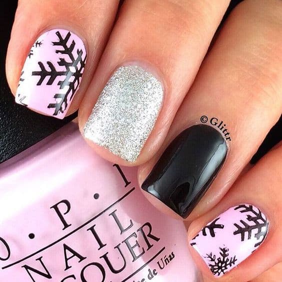 Pink & Black Snowflake Nail designs