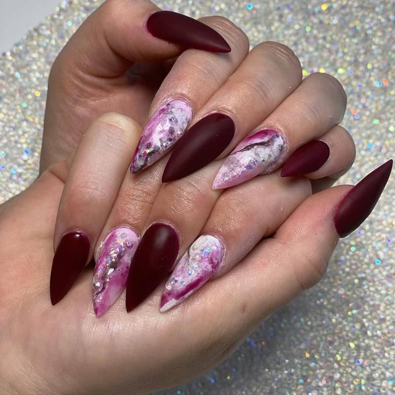 matte stiletto burgundy nails