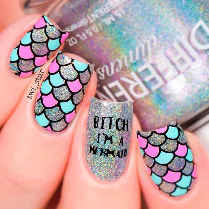 mermaid long square nail art