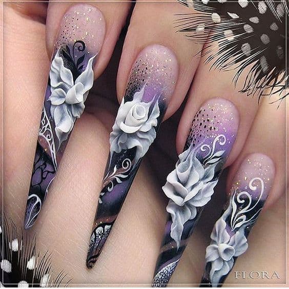 3D floral design stiletto nails