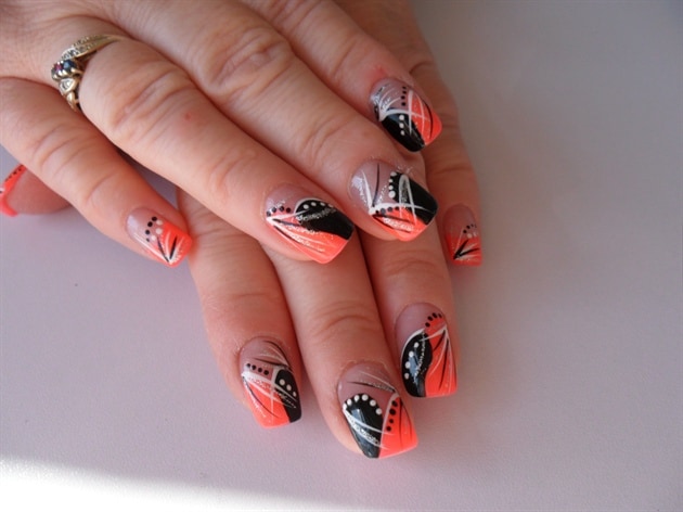 peach and black abstract nail art