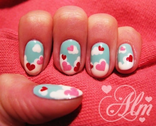 sky blue heart nail idea