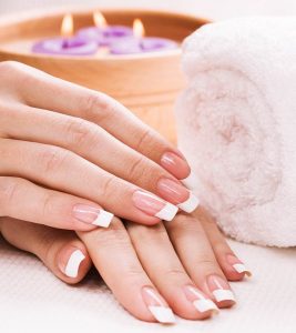French manicure, oval nails, natural pink and white palette, glossy finish, minimalistic nail art style.
