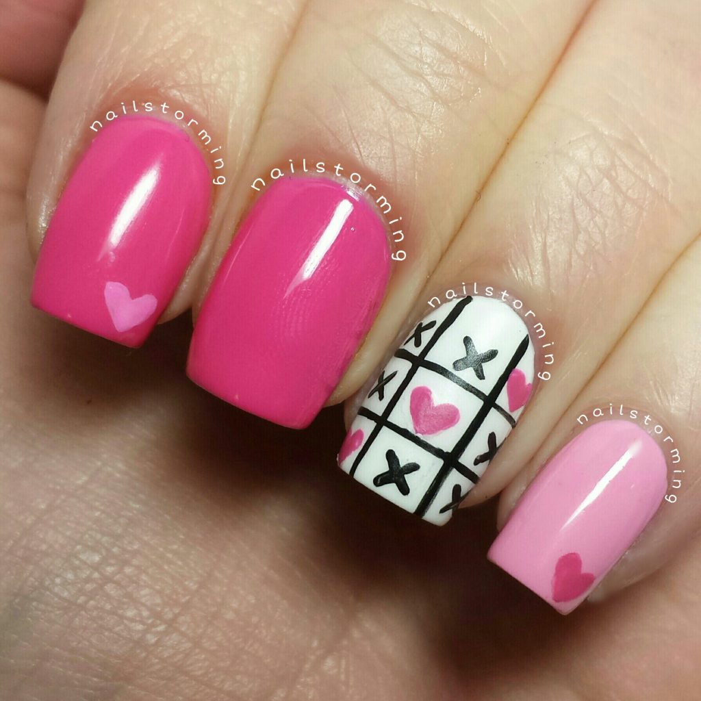 hot pink & black color heart nail design