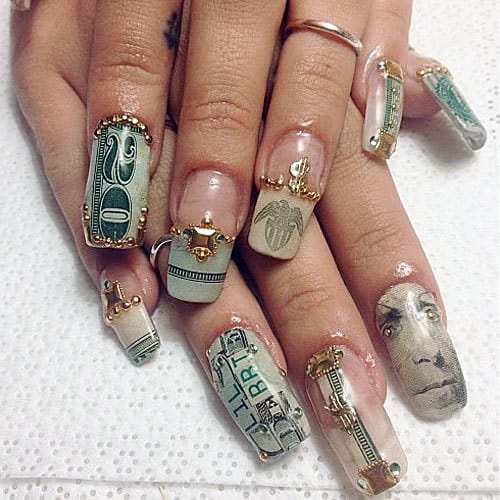 Dollar Art on Long Acrylic Nail