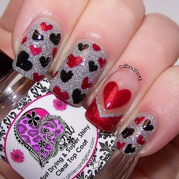 Shimmery heart nail design