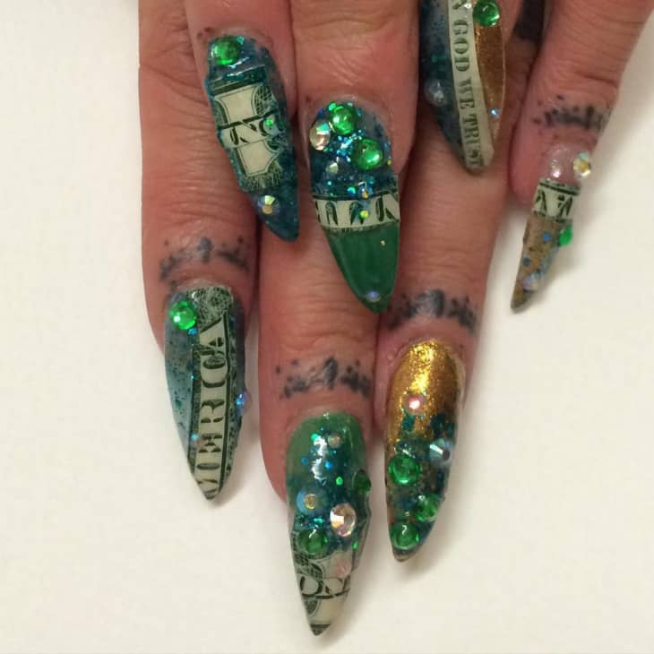 Green Stiletto Dollar Nail Design