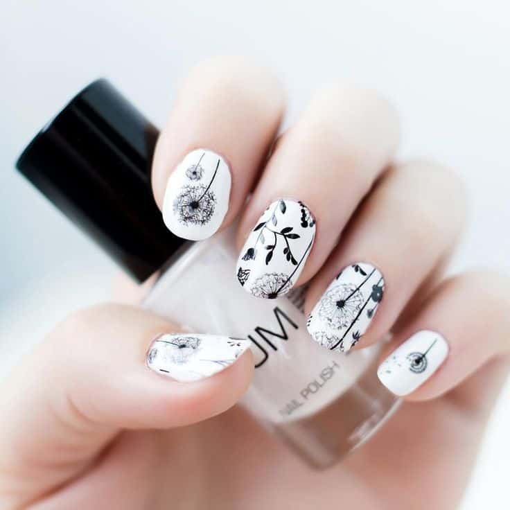 Black & White dandelion nail art