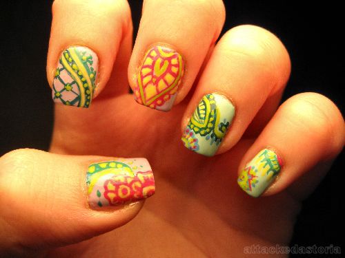 colorful henna patterned nail design