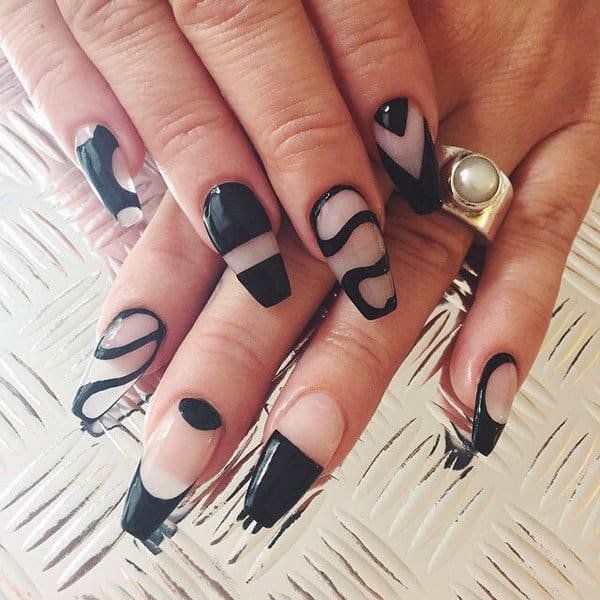 Black & clear nail combine designs