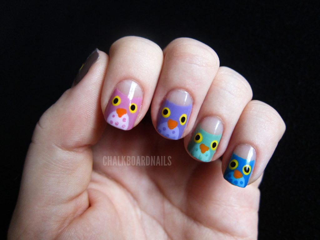 hand painted owl nail design