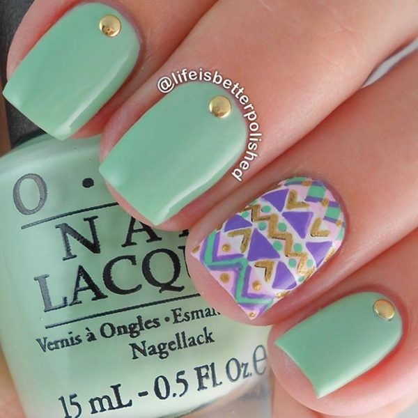 40 Mint Green Nail Designs To Make Heads Turn 2024 Trends   Mint Nails With Gold Studs 600x600 