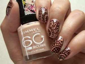Nail shape: almond, nail length: medium, color palette: nude and dark brown, finish: glossy, nail art elements: intricate henna designs, style: boho chic.