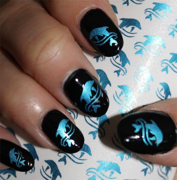 Black & Blue dolphin nail art